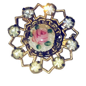 Vintage Guilloche Rhinestone Brooch Pin Gold Tone